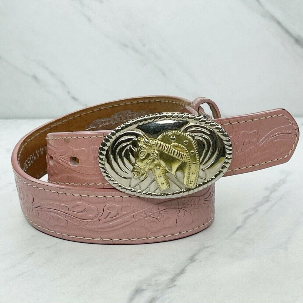 Nocona Pink Tooled Genuine Bonded Leather Horse Horseshoe Buckle Belt Size 24